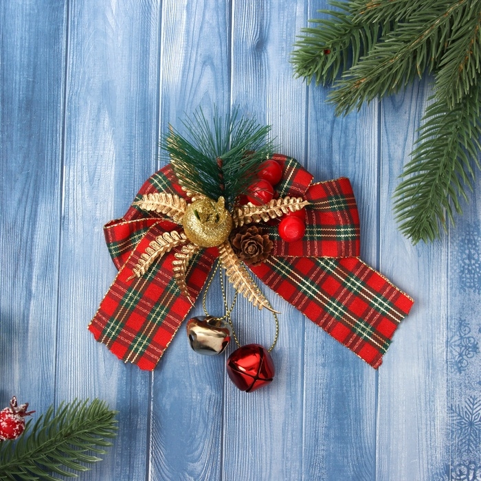 Украшение ёлочное Украшение ёлочное "Новогодний стиль" бант клетка ягоды, 14х11см, красный