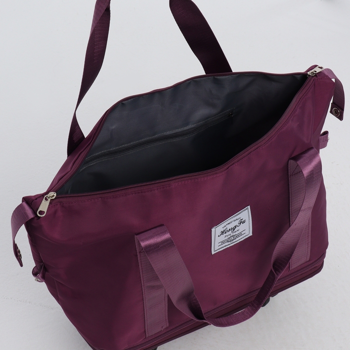 Сумка дорожная на колёсах, с увеличением, наружный карман, держатель для чемодана, цвет фиолетовый Сумка дорожная на колёсах, с увеличением, наружный карман, держатель для чемодана, цвет фиолетовый