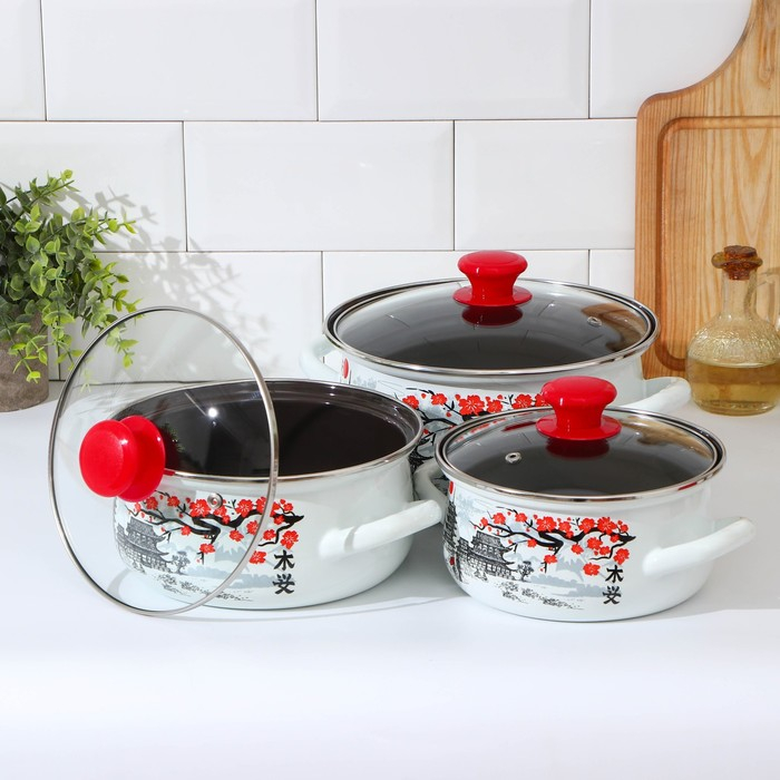 Набор эмалированных кастрюль «Ветка сакуры», 3 предмета: 1,5 л, 2 л, 3 л, индукция Набор эмалированных кастрюль «Ветка сакуры», 3 предмета: 1,5 л, 2 л, 3 л, индукция
