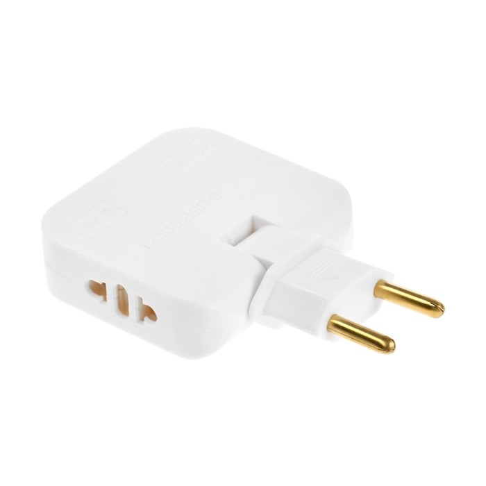 Тройник плоский, поворотный, 2 розетки, 10А, 2 USB, без з/к, белый Тройник плоский, поворотный, 2 розетки, 10А, 2 USB, без з/к, белый