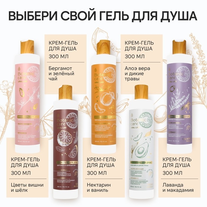 Гель для душа с маслом оливы и витамином Е, 300 мл, аромат лемонграсса и лайма, BOTANIC CARE by URAL LAB Гель для душа с маслом оливы и витамином Е, 300 мл, аромат лемонграсса и лайма, BOTANIC CARE by URAL LAB