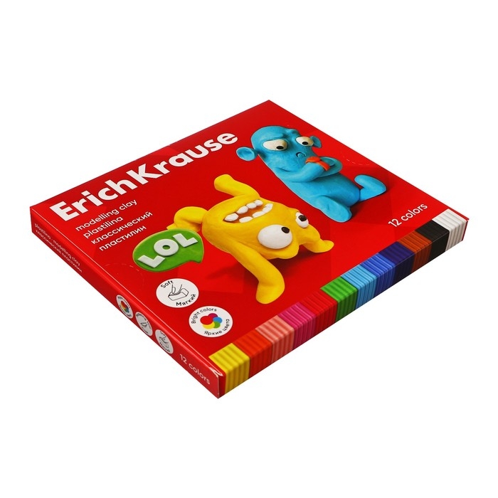 Пластилин 12 цветов, 216 г, ErichKrause Пластилин 12 цветов, 216 г, ErichKrause "Jolly Friends", со стеком, в картонной упаковке
