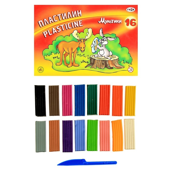 Пластилин 16 цветов 320 г, Пластилин 16 цветов 320 г, "Гамма" "Мультики", со стеком