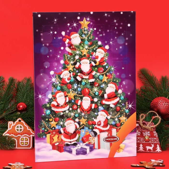 Новый год. Адвент-календарь с мини-плитками из молочного шоколада Новый год. Адвент-календарь с мини-плитками из молочного шоколада "Санта на ёлке", 50 г