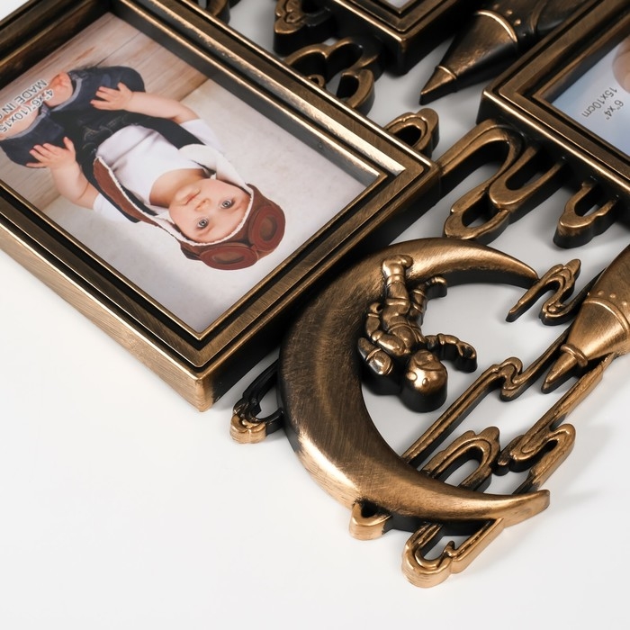 Фоторамка пластик на 3 фото 10х15 см  Фоторамка пластик на 3 фото 10х15 см "Космонавт на луне" тёмное золото 1,5х32,8х28 см