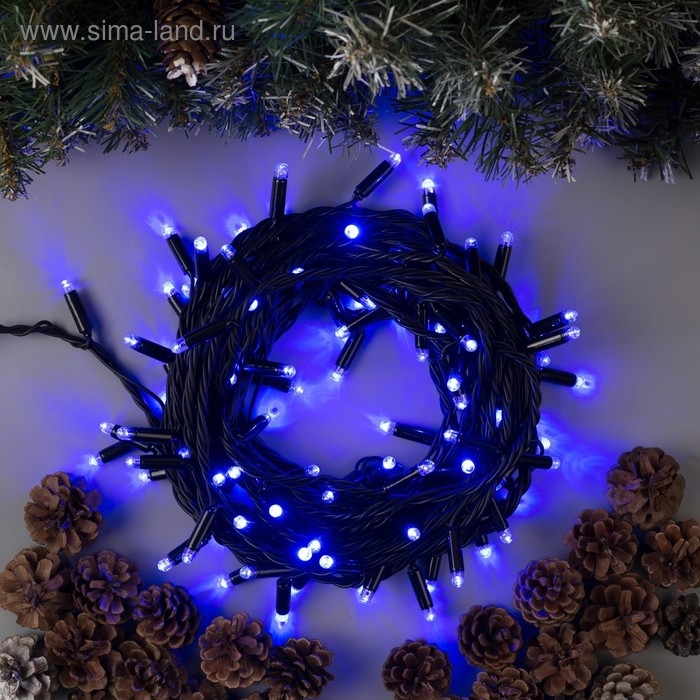 Гирлянда «Нить» 10 м, IP65, УМС, тёмная нить, 100 LED, свечение синее, мерцание белым, 220 В