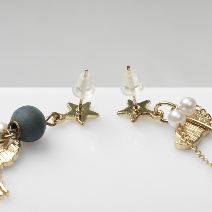 Серьги с жемчугом «Япония» аист и звёзды, цветные в золоте Серьги с жемчугом «Япония» аист и звёзды, цветные в золоте