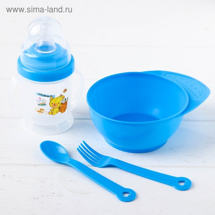 Набор детской посуды, 4 предмета: миска 300 мл, бутылочка для кормления 180 мл, ложка, вилка, цвета МИКС Набор детской посуды, 4 предмета: миска 300 мл, бутылочка для кормления 180 мл, ложка, вилка, цвета МИКС