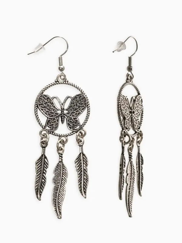 Серьги метал Серьги метал "Аутентичность" бабочка с перьями, цвет чернёное серебро