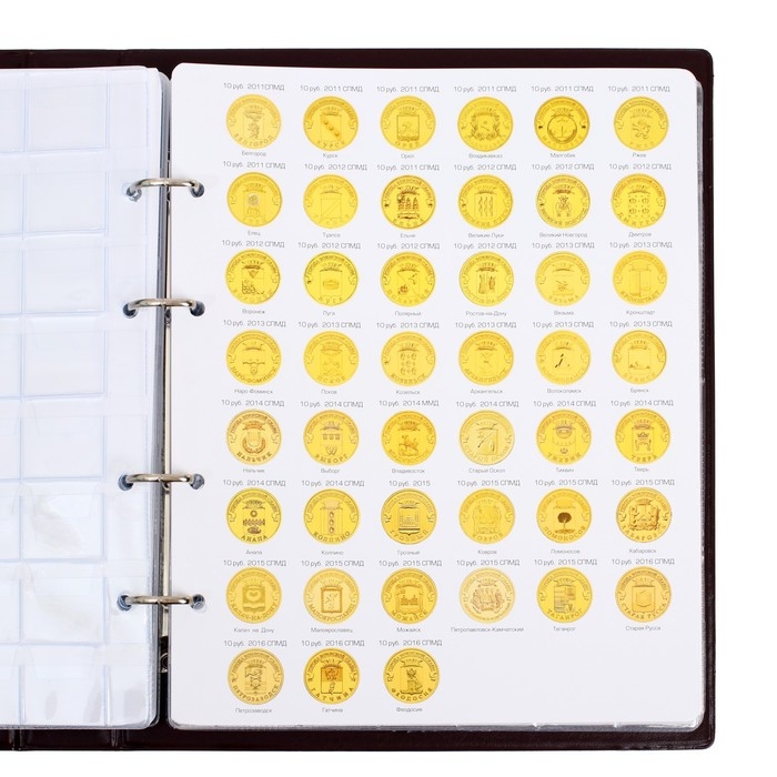 Альбом для монет на кольцах 225 х 265 мм,  Альбом для монет на кольцах 225 х 265 мм, "Памятные монеты РФ", обложка ПВХ, 13 листов и 13 цветных картонных вставок, коричневый
