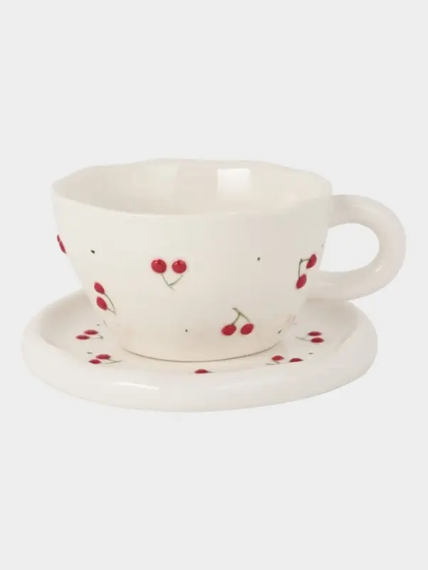 Чайная пара &laquo;Вишенки&raquo;, 2 предмета: блюдце 14&times;1 см, чашка 260 мл, керамика