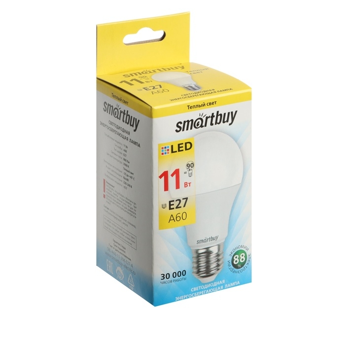 Лампа cветодиодная Smartbuy, A60, E27, 11 Вт, 3000 К, теплый белый свет Лампа cветодиодная Smartbuy, A60, E27, 11 Вт, 3000 К, теплый белый свет