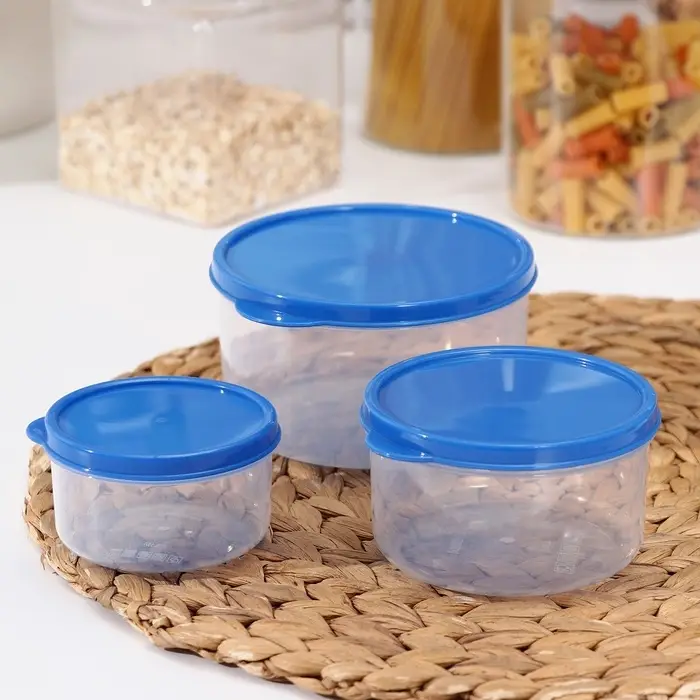 Набор контейнеров пищевых круглых Доляна, 3 шт: 150 мл, 300 мл, 500 мл, прозрачные, крышка синяя