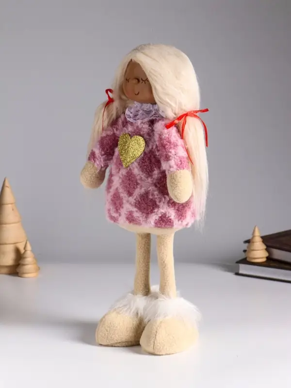 Кукла интерьерная "Малышка с хвостиками в розовом платье с сердцем" 14х8,5х32 см