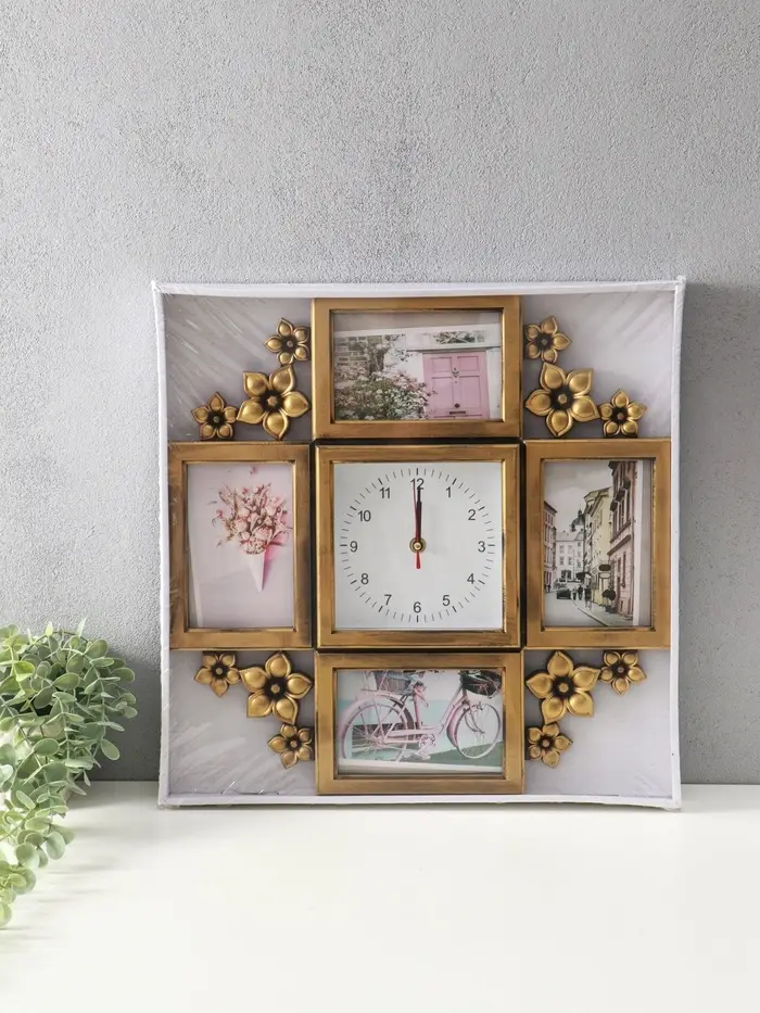 Фоторамка - коллаж на 4 фото 10&times;15 см с часами настенными бесшумными (14&times;14 см) &laquo;Цветы&raquo;, 42&times;42 см