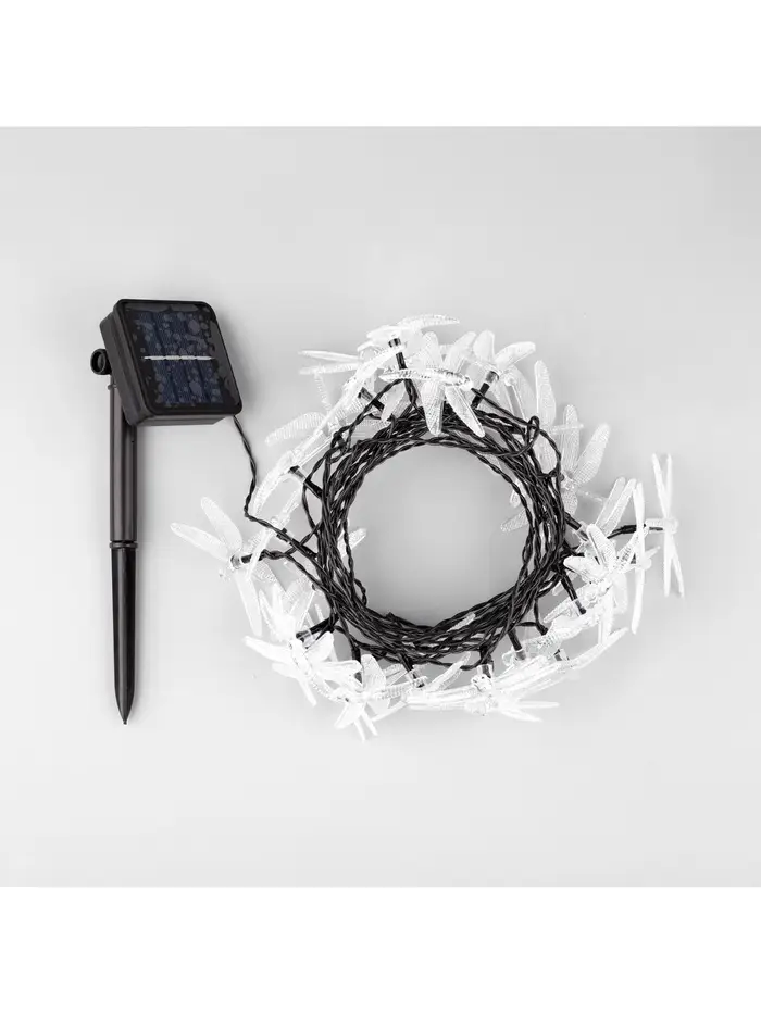 Гирлянда &laquo;Нить&raquo;, 4.5 м, уличная, с насадками &laquo;Стрекоза&raquo;, IP44, 30 LED, 2 режима, солнечная батарея, тёмная нить, свечение зелёное/аквамарин/жёлтое