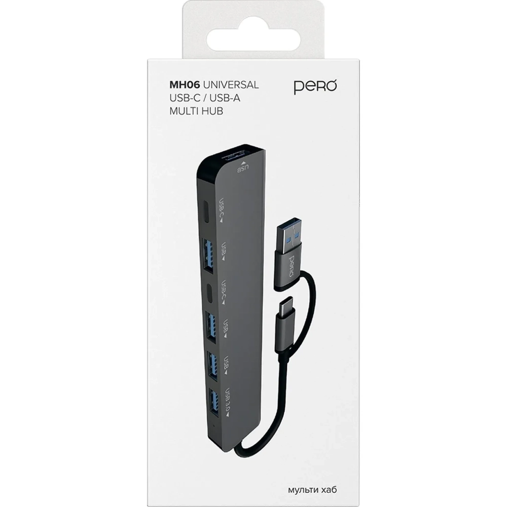 Разветвитель USB PERO MH06, USB-С/A TO 2xUSB-C+USB 3.0+4xUSB 2.0 серый