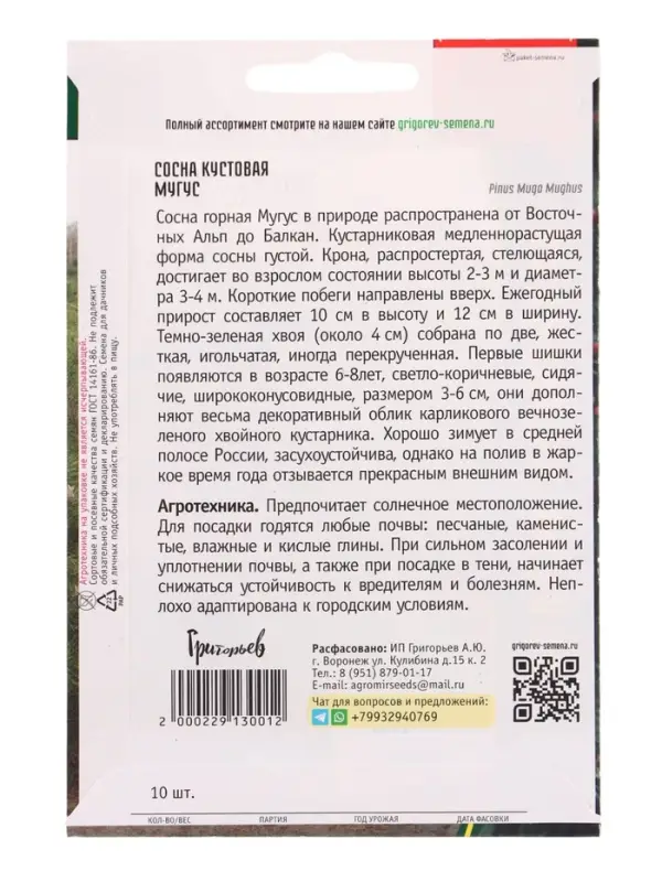 Семена Сосна кустовая &laquo;Мугус&raquo;, 10 шт., &laquo;Григорьев&raquo;