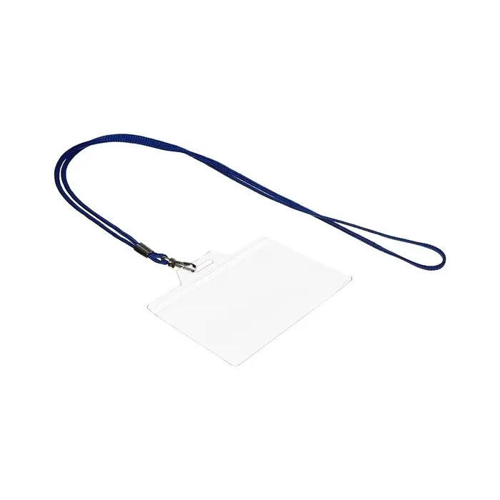 Бейдж горизонтальный, внешний размер 94&times;80 мм, внутренний размер 87&times;54 мм, на синем шнурке 40 см
