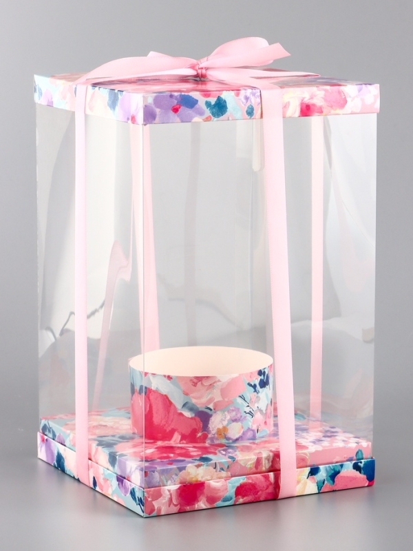 Коробка PVC, для цветов с лентой, 28 х 18 х 18 см, розовый Коробка PVC, для цветов с лентой, 28 х 18 х 18 см, розовый