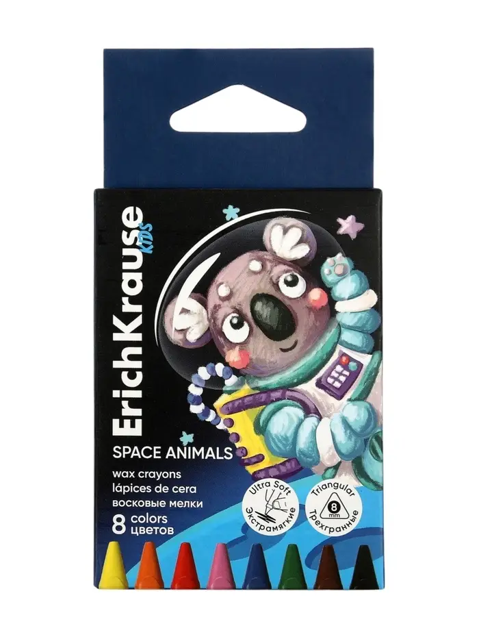 Восковые мелки 8 цветов, ErichKrause Kids Space Animals, трёхгранные