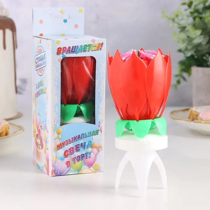 Свеча для торта музыкальная &laquo;Тюльпан&raquo;, крутящаяся, красная, 14.5&times;6 см
