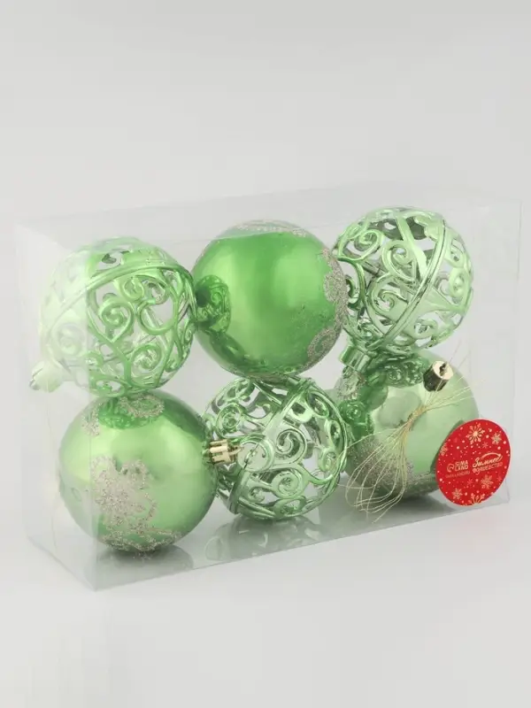 Ёлочные игрушки &laquo;Эстер&raquo;, шары новогодние, набор d=8 см, 6 шт., узор, зелёный