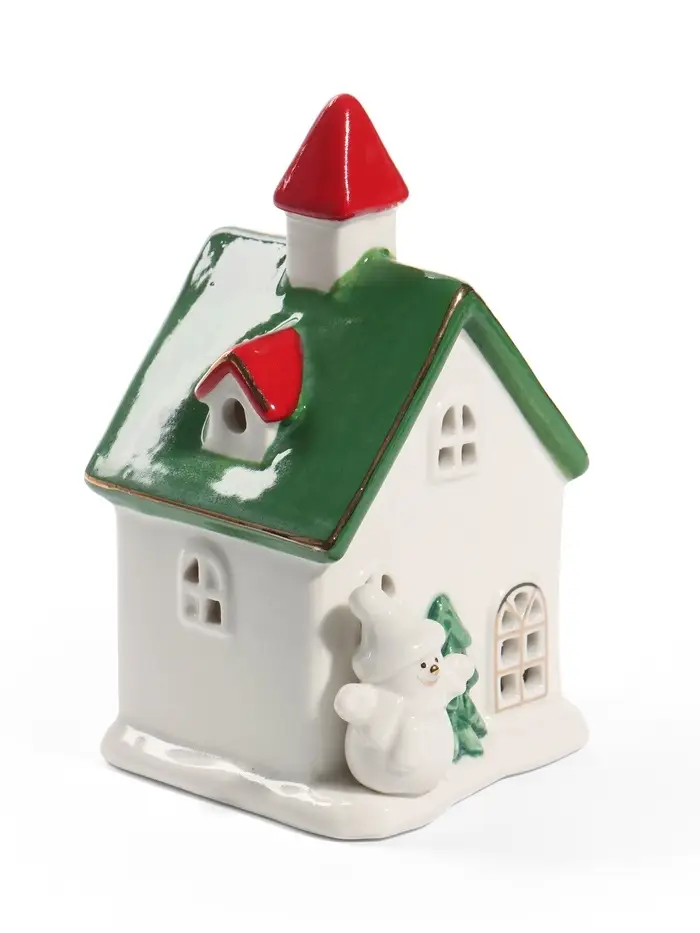 Фигурка декоративная &laquo;Домик с зелёно-красной крышей и снеговичком&raquo;, светильник, керамика, 3хLR44, 8&times;8&times;14 см