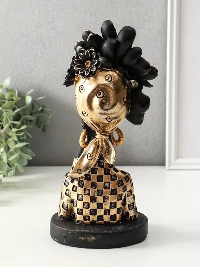 Бюст полистоун "Девушка с цветком, в наряде в клетку" чёрный 13,3х12,3х29,5 см