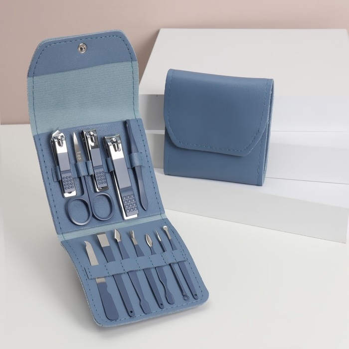 Набор маникюрный, 12 предметов, в футляре, цвет синий Набор маникюрный, 12 предметов, в футляре, цвет синий