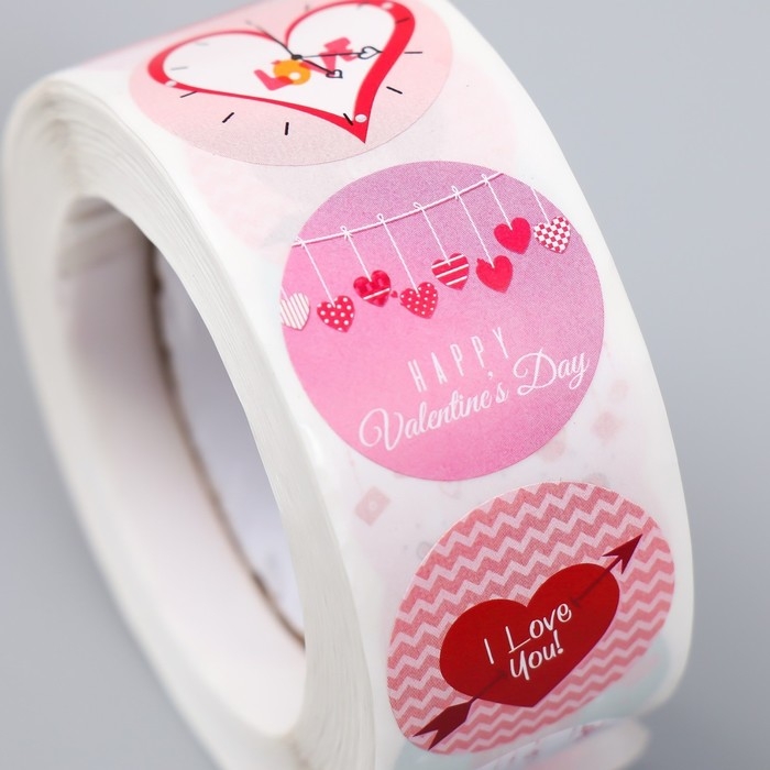 Наклейка бумага "Люблю тебя" d=2,5 см 500 шт в рулоне 3х6,5х6,5 см