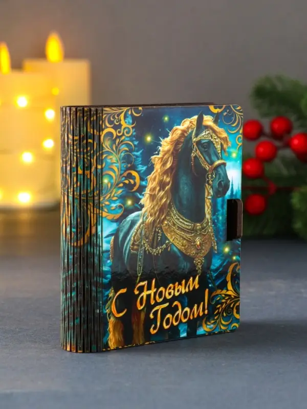 Шкатулка-конверт для для подарочных карт или денег  Шкатулка-конверт для для подарочных карт или денег "Черная лошадка и золотые узоры".  9,8х8,5х2 см.