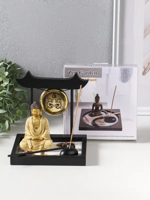 Сад Дзен "Будда в розовом, медитация у гонга" песок+камни+аромапалочки 13,2х15х16 см