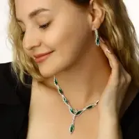 Набор 2 предмета: серьги, колье &laquo;Листопад&raquo;, тонкий ромб, зелёно-белый в серебре, 45 см