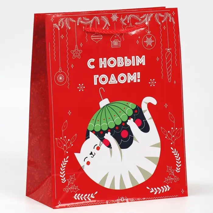 Пакет подарочный новогодний ламинированный «Котейка», MS 18 х 23 х 8 см