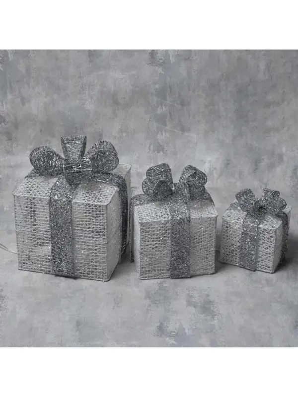 Светодиодная фигура &laquo;Подарки с серой лентой&raquo; 15, 20, 25 см, текстиль, металл, 220 В, 8 режимов, свечение белое