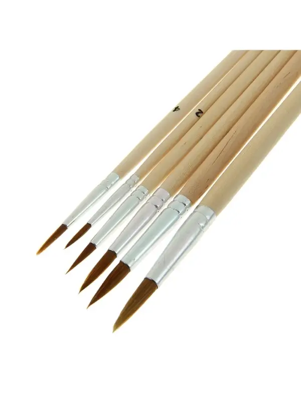 Набор кистей для рисования, нейлон, 6 штук: № 2, 4, 6, 8, 10, 12, круглые, деревянная ручка, международный размер