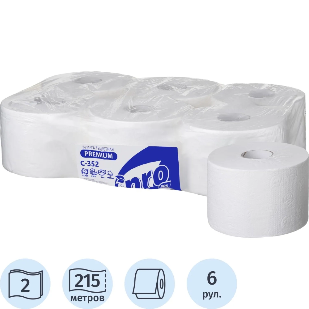 Бумага туалетная д/дисп Protissue 2сл белая цел 215м 6рул/уп_С352