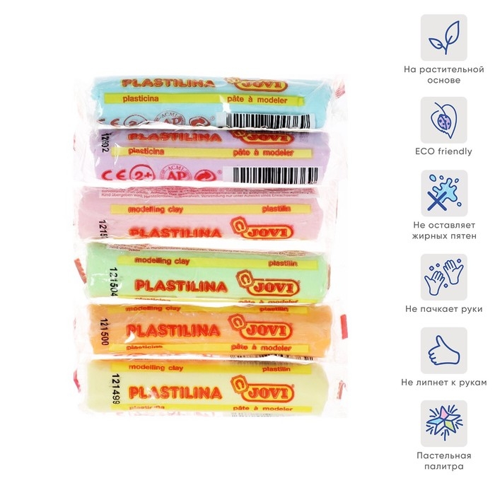 Пластилин на растительной основе, 6 цветов, 90 г, JOVI, пастельная палитра, картон, европодвес, ДЛЯ МАЛЫШЕЙ Пластилин на растительной основе, 6 цветов, 90 г, JOVI, пастельная палитра, картон, европодвес, ДЛЯ МАЛЫШЕЙ