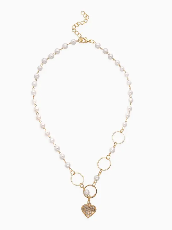 Колье с жемчугом &laquo;Сердце&raquo;, в круглых звеньях, d=0.6 см, белое в золоте, 36 см