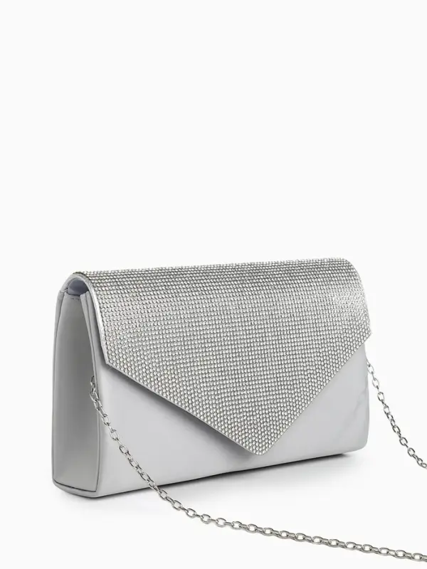 Сумка-клатч женская вечерняя на магните, на длинной цепочке, комбинированная, серая/серебристая
