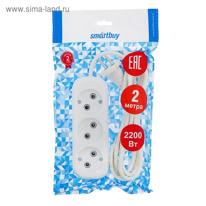 Удлинитель Smartbuy, 3 розетки, 2 м, 10 А, 2200 Вт, ПВС 2х1 мм2, без з/к, белый Удлинитель Smartbuy, 3 розетки, 2 м, 10 А, 2200 Вт, ПВС 2х1 мм2, без з/к, белый