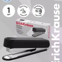 Степлер канцелярский № 10 ErichKrause, до 15 листов, встроенный антистеплер, чёрный
