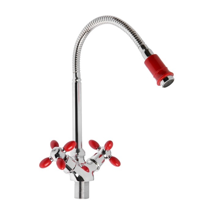 Смеситель для кухни ZEIN ZC2027, гибкий излив, кран-букса латунь 1/2 Смеситель для кухни ZEIN ZC2027, гибкий излив, кран-букса латунь 1/2", красный/хром