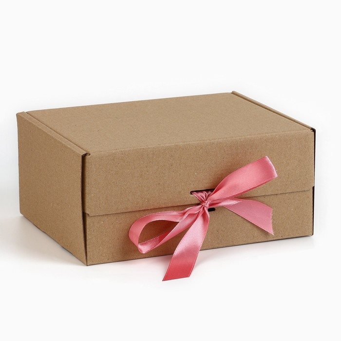 Коробка подарочная складная, упаковка, «Крафт, розовая лента», 22 х 16.5 х 10 см