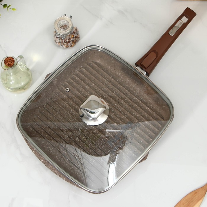 Сковорода-гриль «Гранит Brown», квадратная, 28×28 см, съёмная ручка, стеклянная крышка, антипригарное покрытие, цвет коричневый