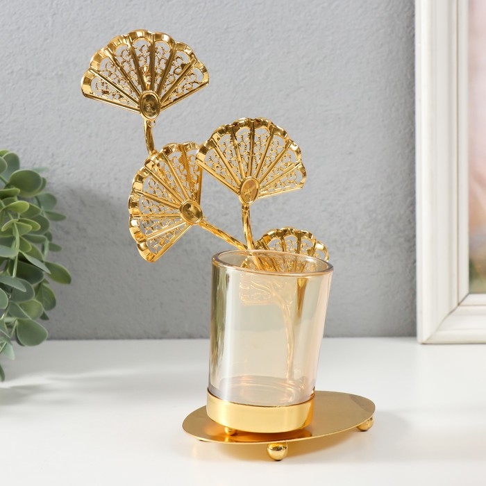 Подсвечник металл, стекло на 1 свечу Подсвечник металл, стекло на 1 свечу "Цветы-веера" d=4,7 см, золото 16,7х8х21,5 см