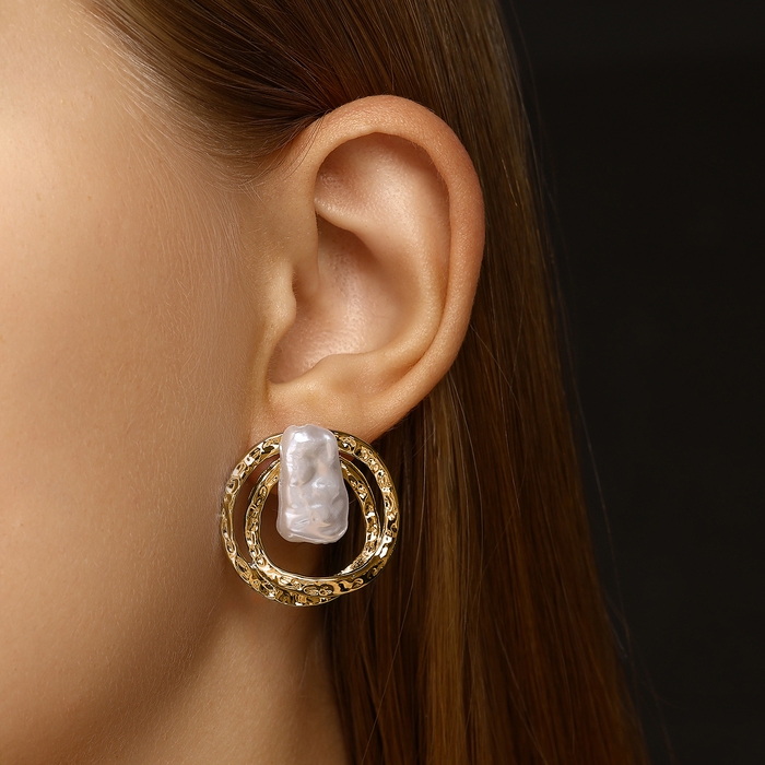 Серьги с жемчугом «Бусина» двойной круг, цвет золото Серьги с жемчугом «Бусина» двойной круг, цвет золото