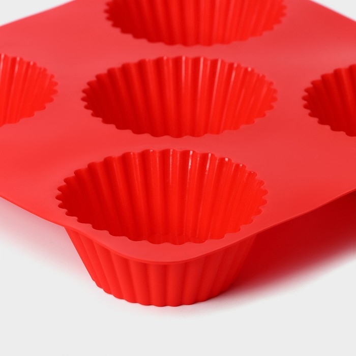 Форма для выпечки Доляна &laquo;Сладости.Круг реб&raquo;, силикон, 18&times;18 см, 5 ячеек (6,5&times;6,5&times;3,5 см), цвет красный