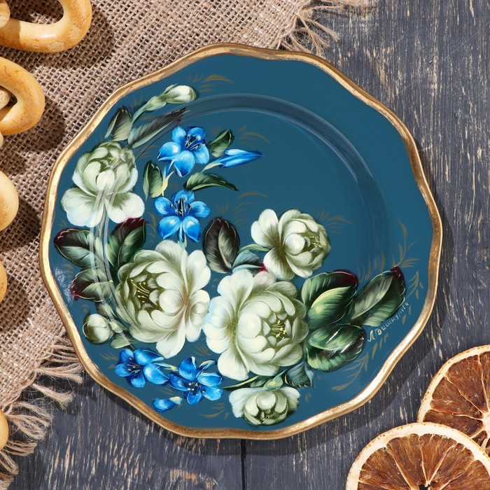 Поднос жостовский Поднос жостовский "Розы", тёмно-серый, круглый, D=17 см